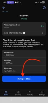 Click run speed test eero